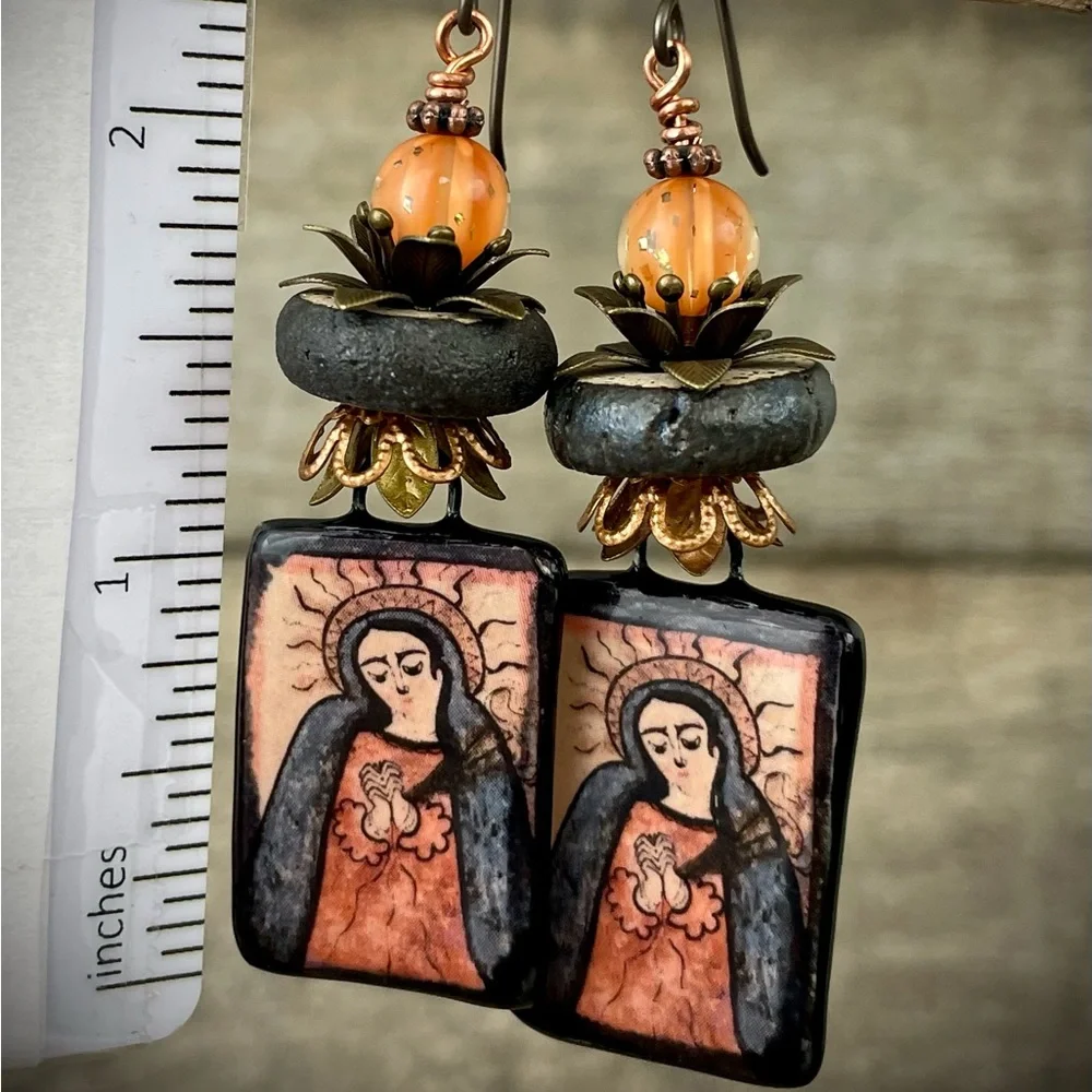 Ceramic charms statement earrings, our lady of sorrow charm earrings - Picture 2 of 5